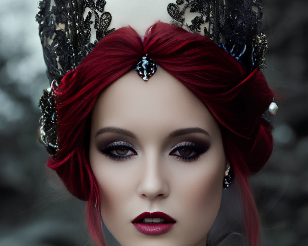 Red-haired woman with black and red headpiece and vibrant makeup featuring purple eyeshadow and red lipstick