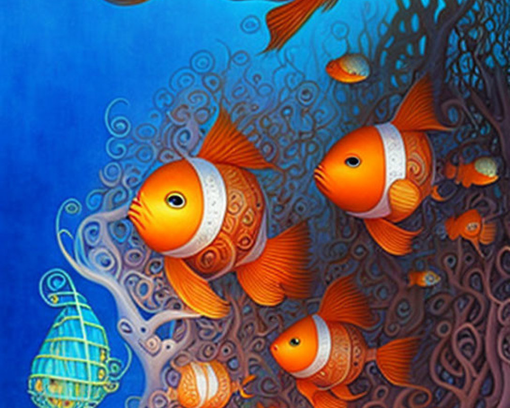 Colorful digital artwork: Orange fish with patterns in oceanic scene