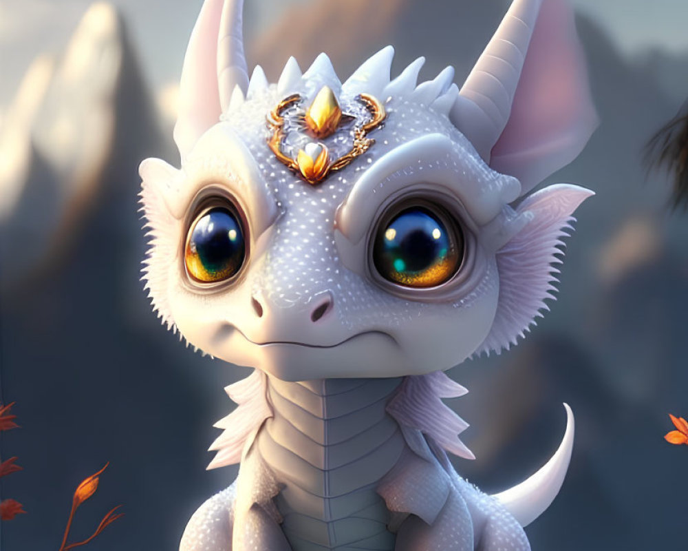 Stylized animated white dragon with golden jewelry on snowy rock