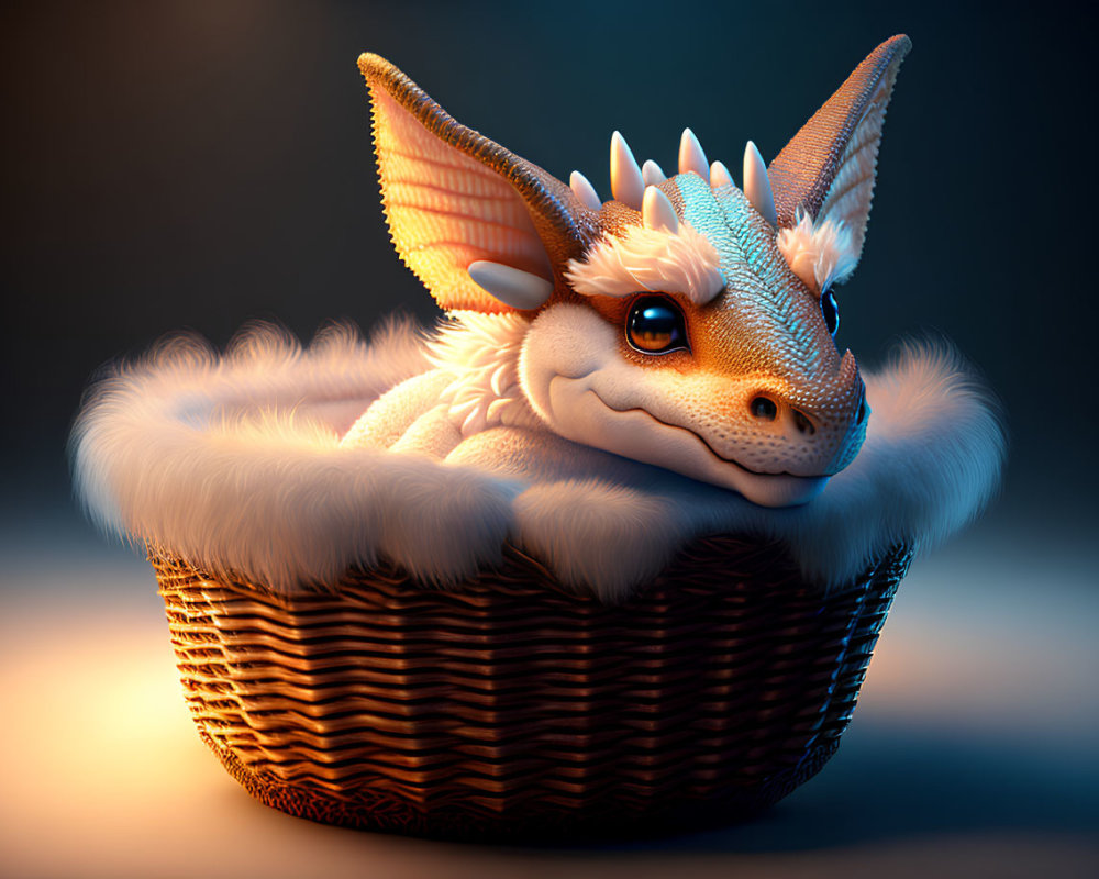 Fantastical dragon-like creature in cozy basket with expressive eyes