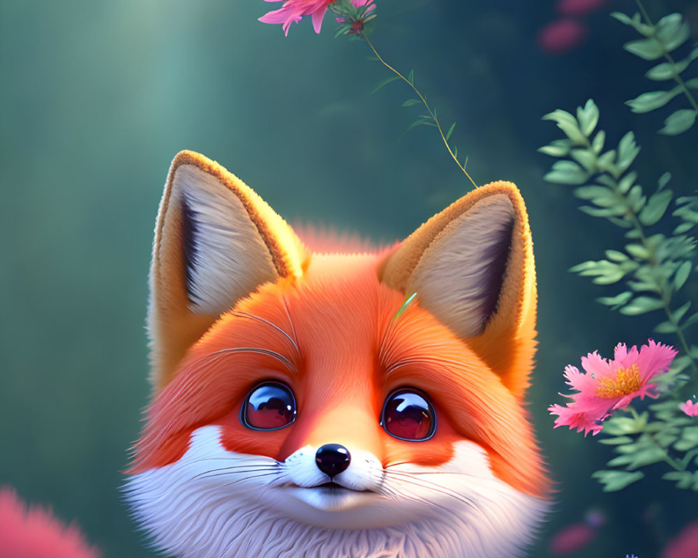 Colorful smiling fox in floral meadow with exaggerated features
