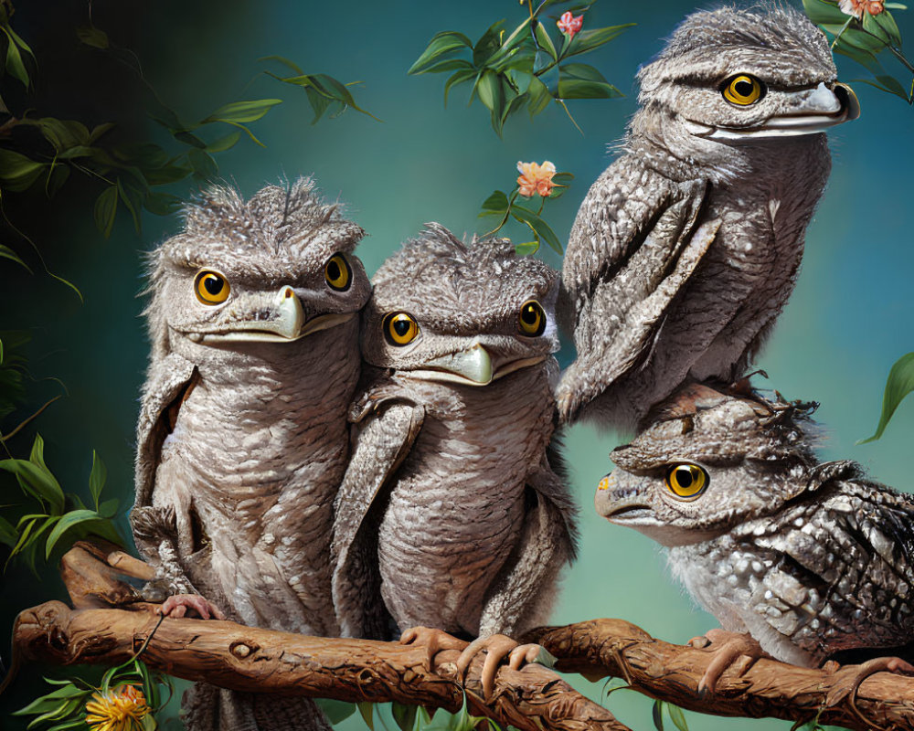 Detailed Tawny Frogmouth Birds Perched on Branch
