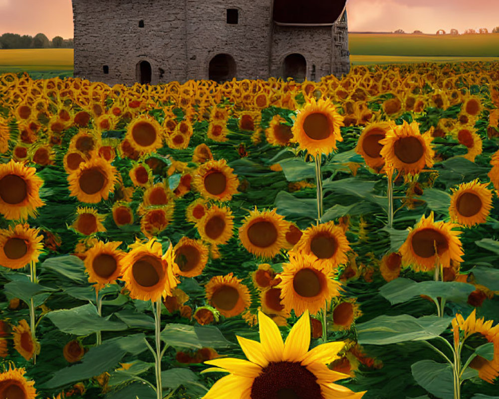 Sunflower Field with Rustic Barn at Sunrise or Sunset