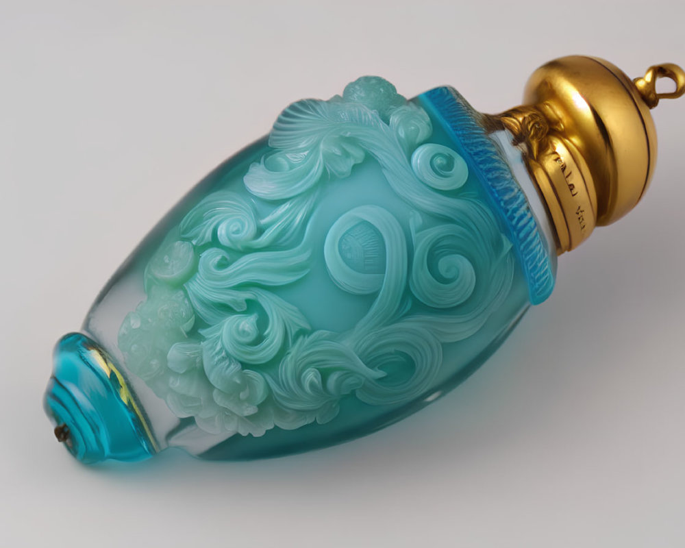 Ornate Aqua Glass Perfume Bottle with Gold Cap