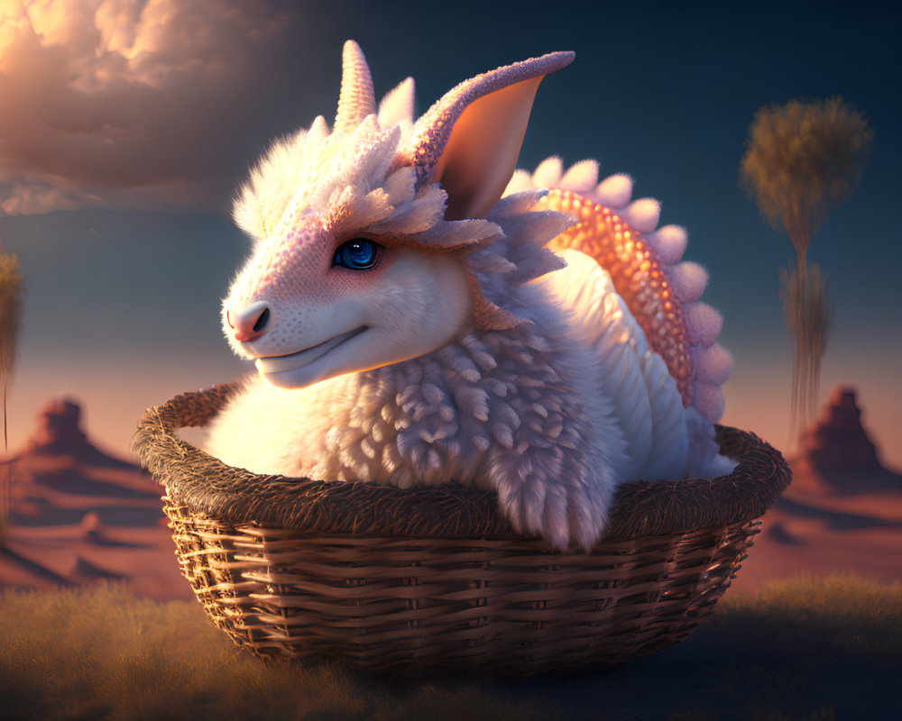 Unique dragon-sheep hybrid creature in basket at sunset
