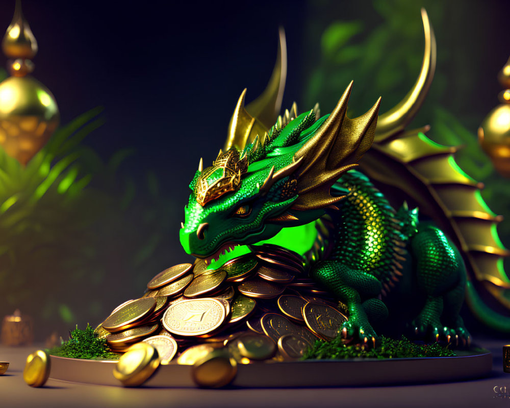 Majestic Green Dragon with Golden Crown on Gold Hoard and Ornaments