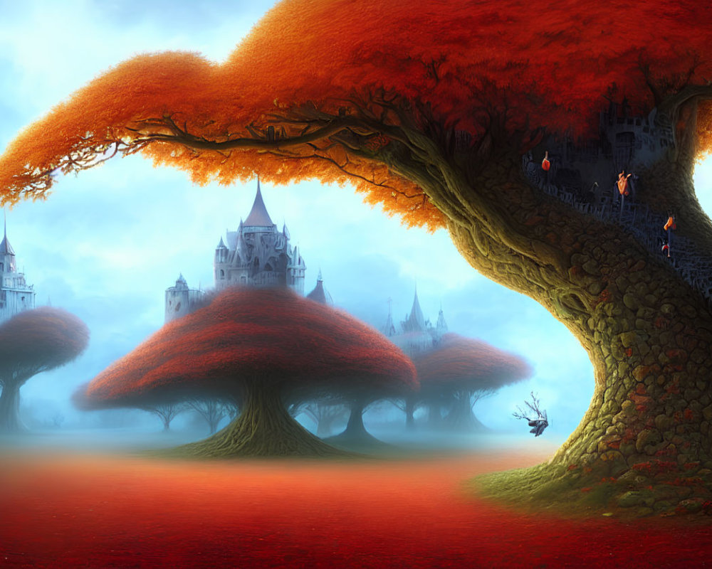 Vivid orange tree in misty red landscape with fairytale castles