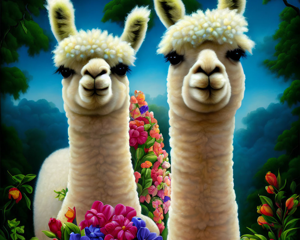 Fluffy white llamas among vibrant flowers in lush greenery
