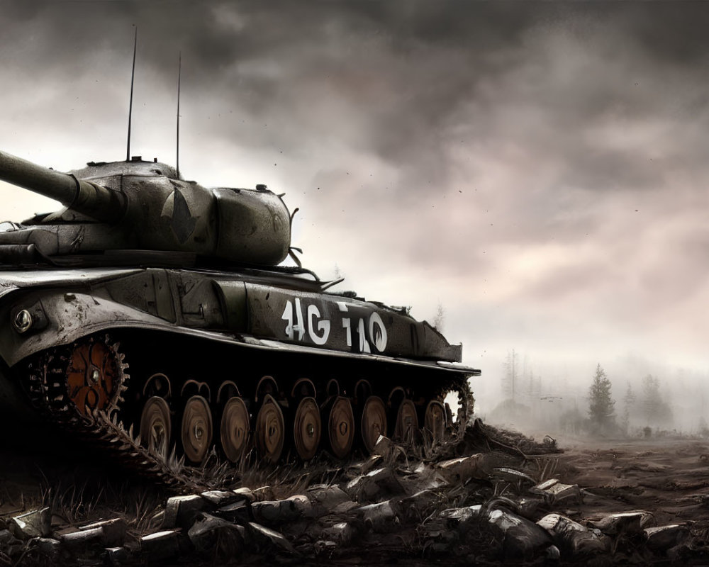 Camouflaged tank on muddy battlefield under cloudy sky