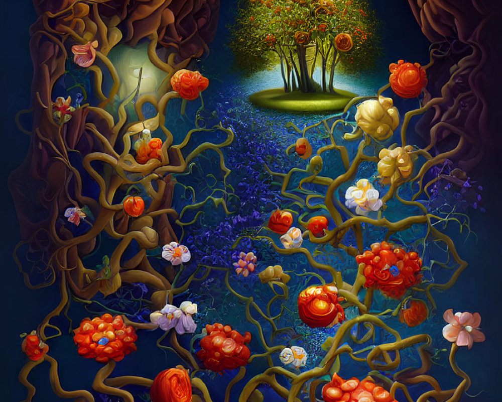 Vibrant painting of magical tree with lush blossoms and natural archway