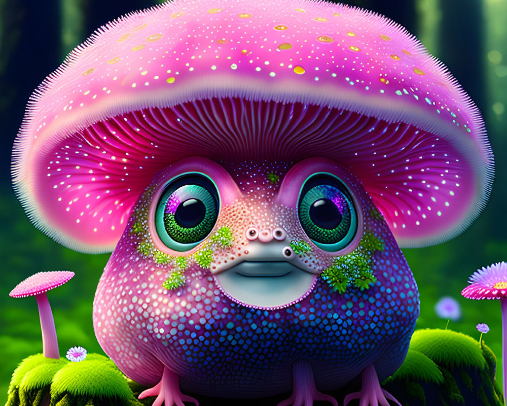 Colorful Creature with Mushroom Cap Head in Enchanted Forest