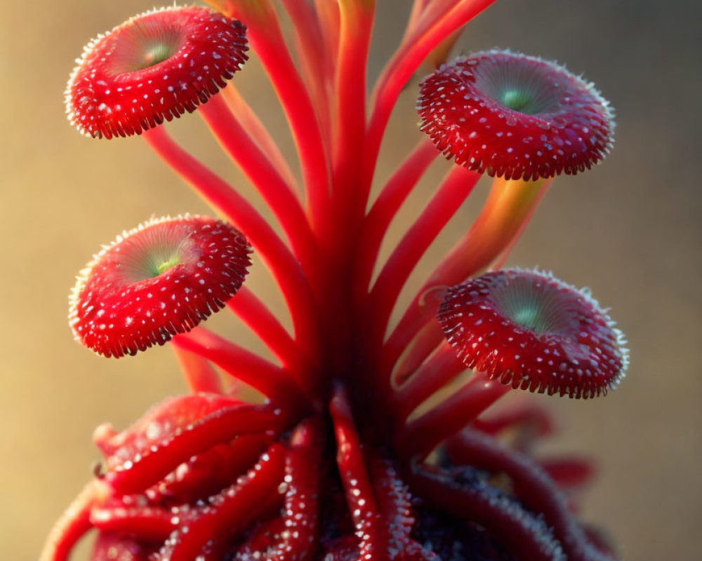 Vibrant red sundew plant with sticky tentacles on soft background
