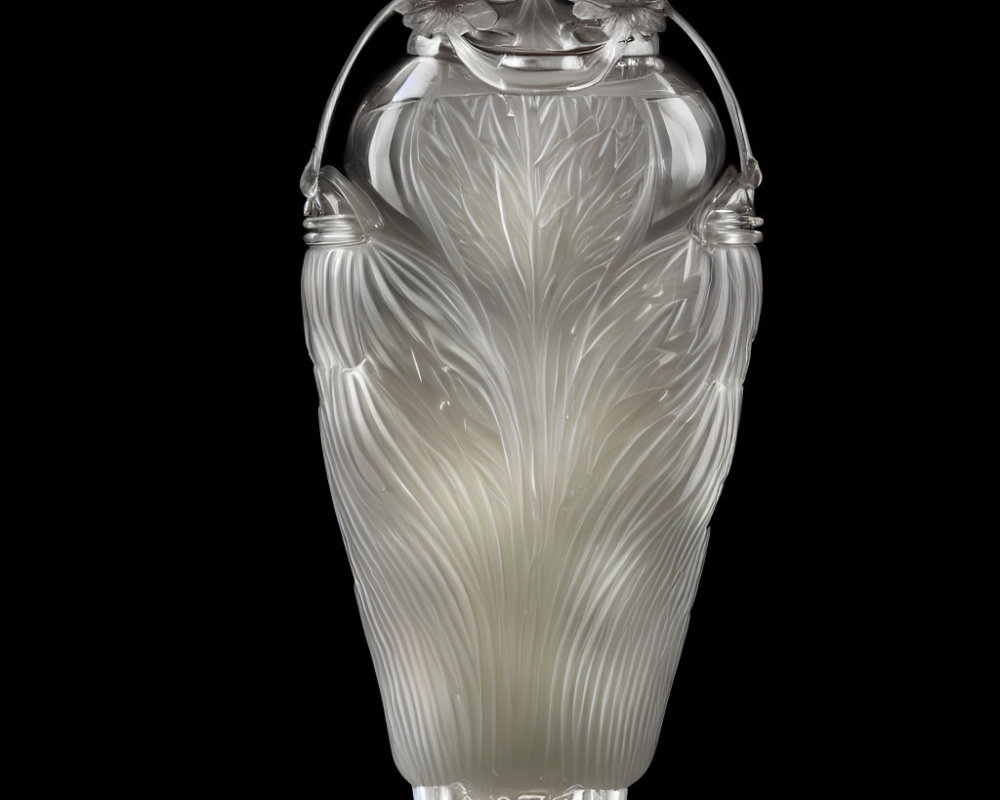 Translucent frosted glass vase with leaf patterns and floral motifs