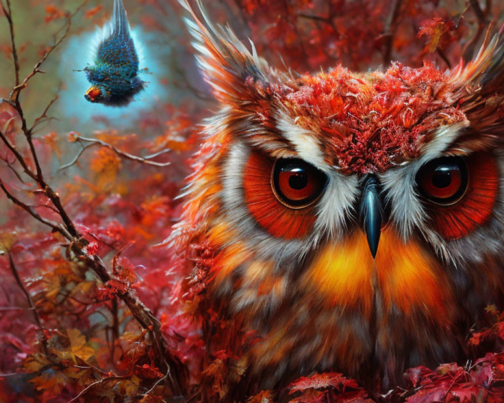 Vibrant Autumn Owl and Bird Illustration with Intense Colors