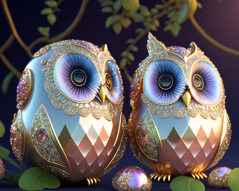 Ornate jewel-encrusted owl figurines with blue eyes on dark background