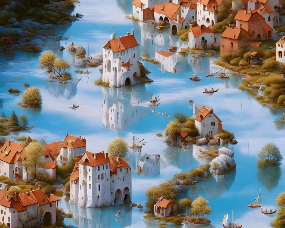 Tranquil fantasy landscape: intricate village, orange-roofed houses, calm blue waters, lush