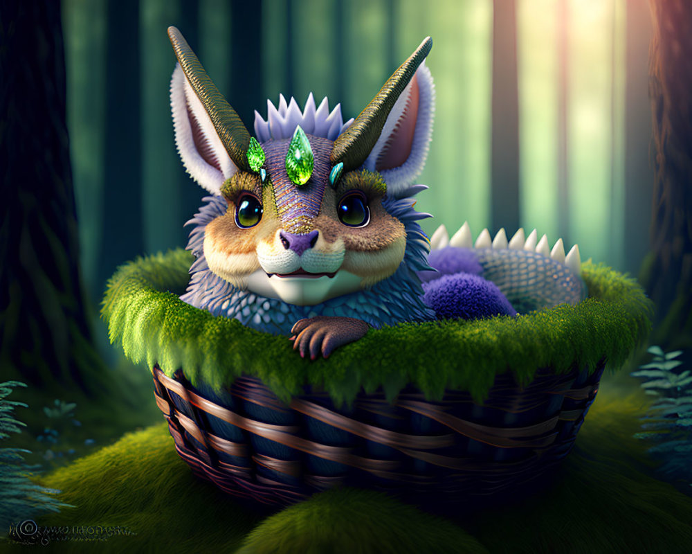 Furry creature with large ears in basket amidst lush greenery