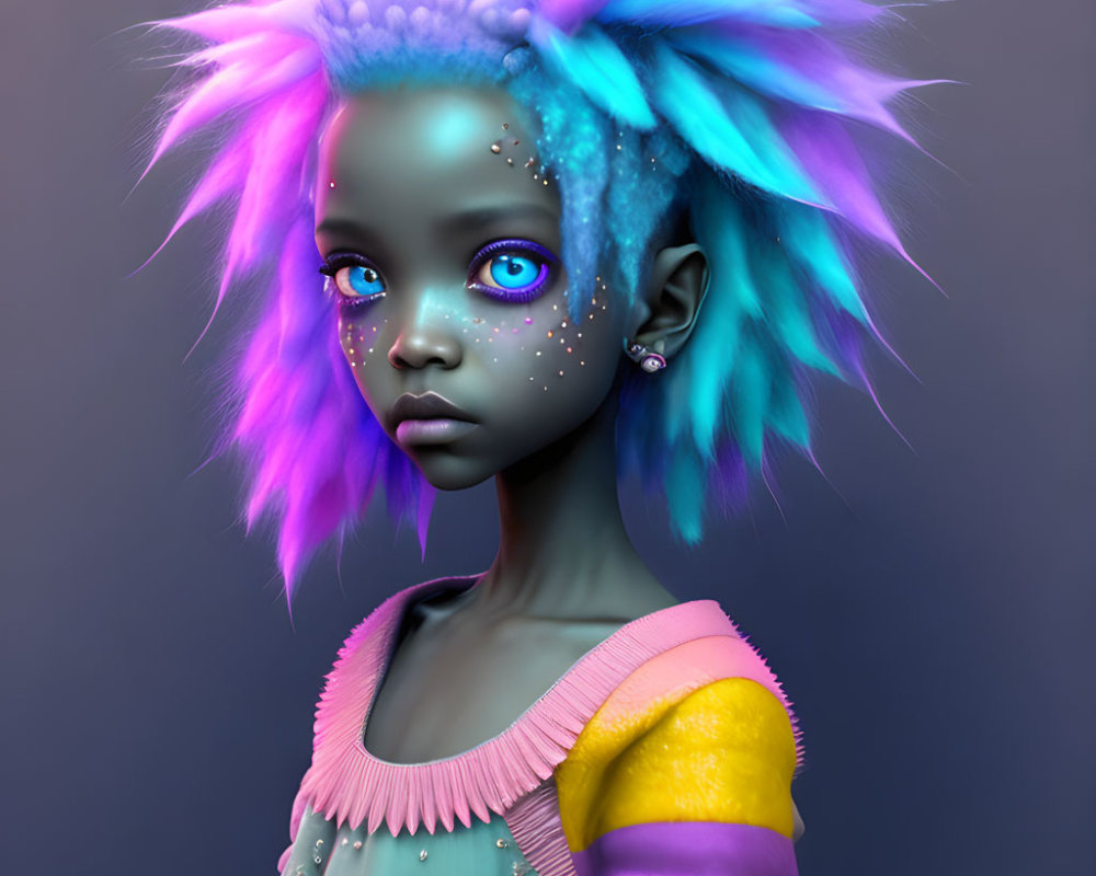 Digital artwork: Blue-skinned girl with expressive eyes, punk hair, star freckles, past