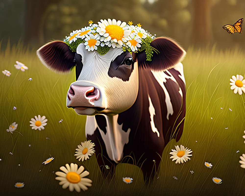Cow with Daisy Crown in Sunny Meadow with Butterfly