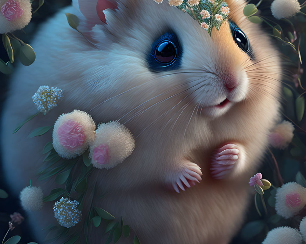 Illustration of cute hamster with flower crown in pink floral setting