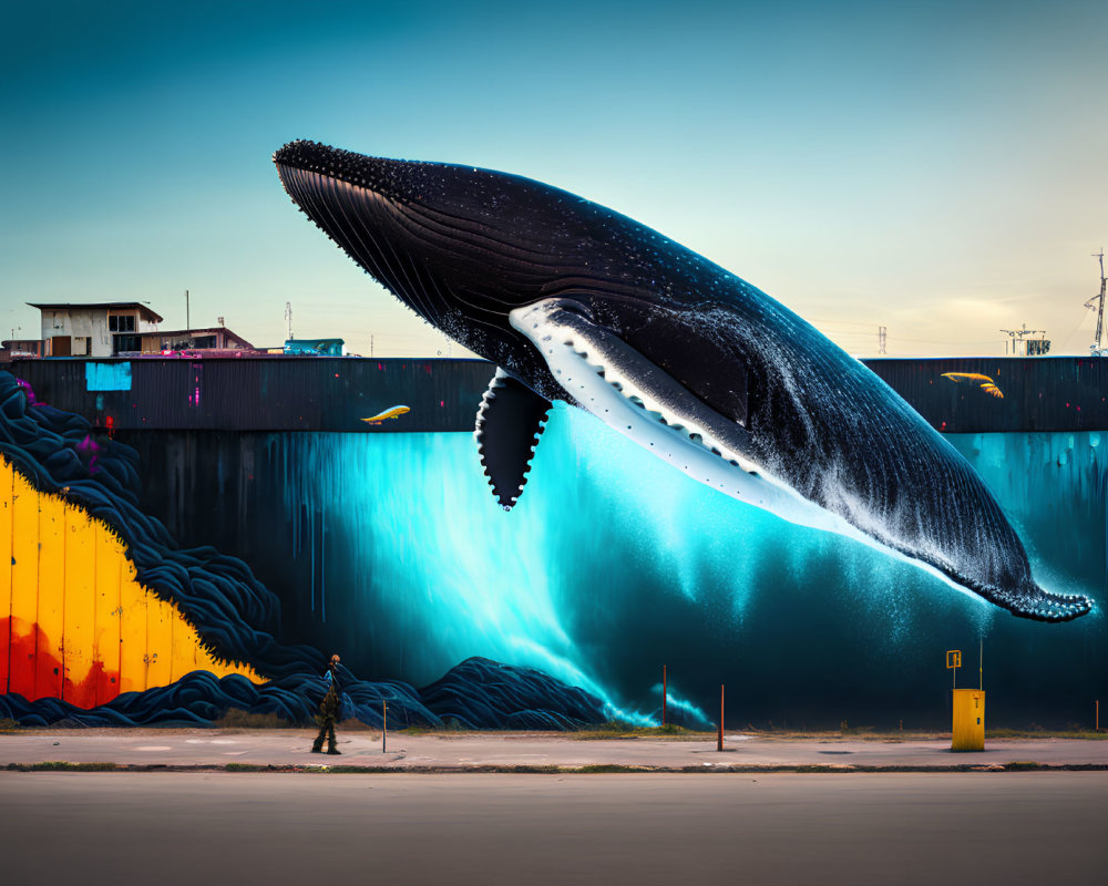 Impressive humpback whale mural in ocean waves scenery