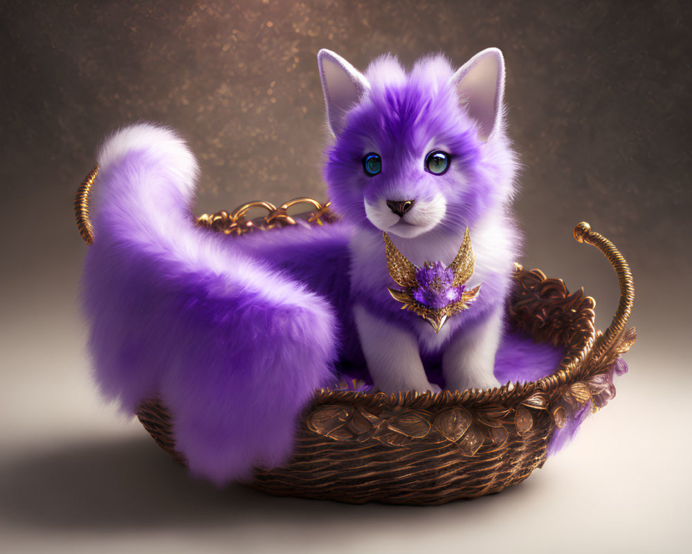 Fluffy Purple Kitten with Striking Eyes in Golden Basket