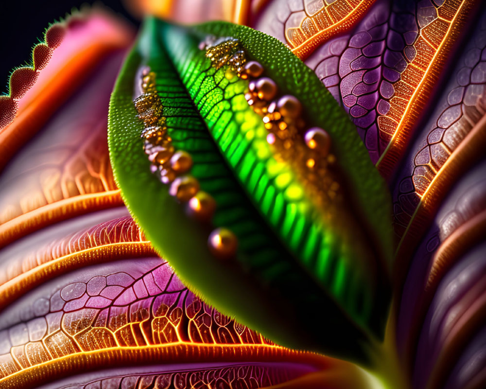 Detailed macro shot of vibrant leaves with intricate veins, dewdrops, and green to purple gradient