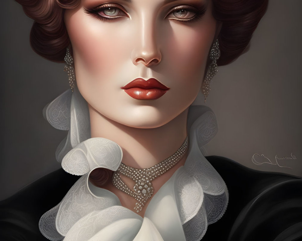 Detailed portrait of woman with voluminous brown hair and red lips in black outfit.