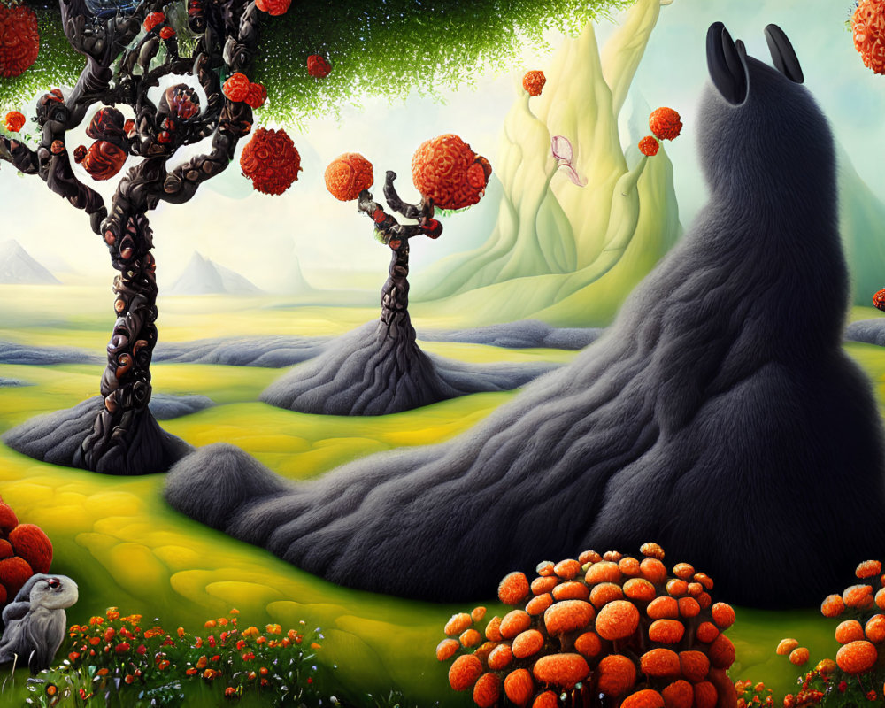 Colorful landscape with unique trees, giant rabbit-like creature, and small grey rabbit