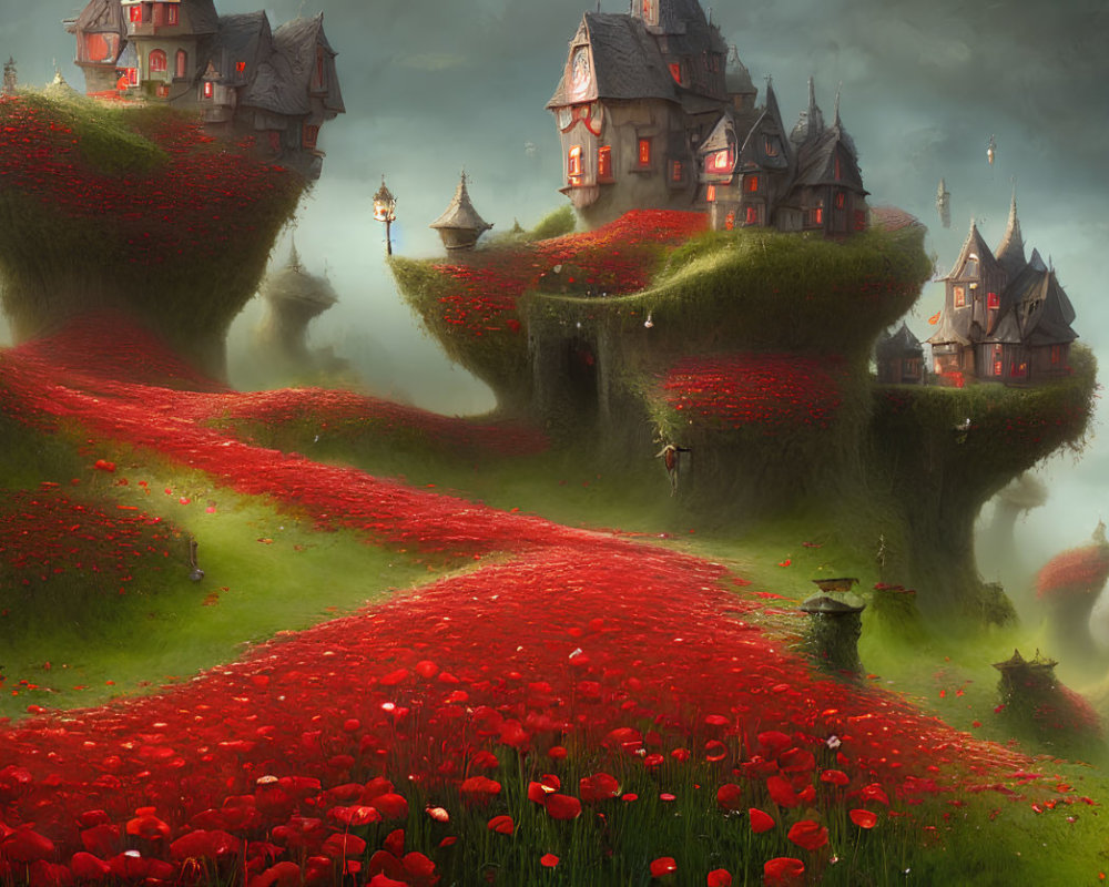 Whimsical houses on lush floating islands with red poppy pathway