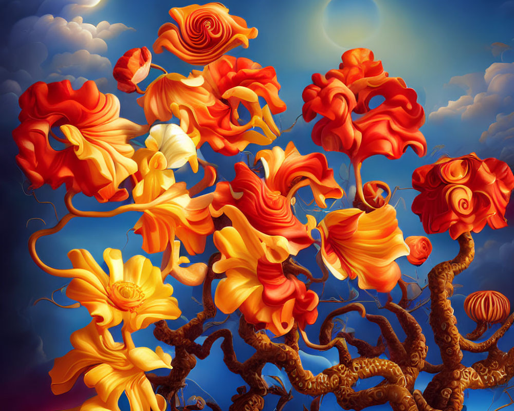 Vibrant surreal tree art with orange and yellow flowers under a dual sun-moon sky