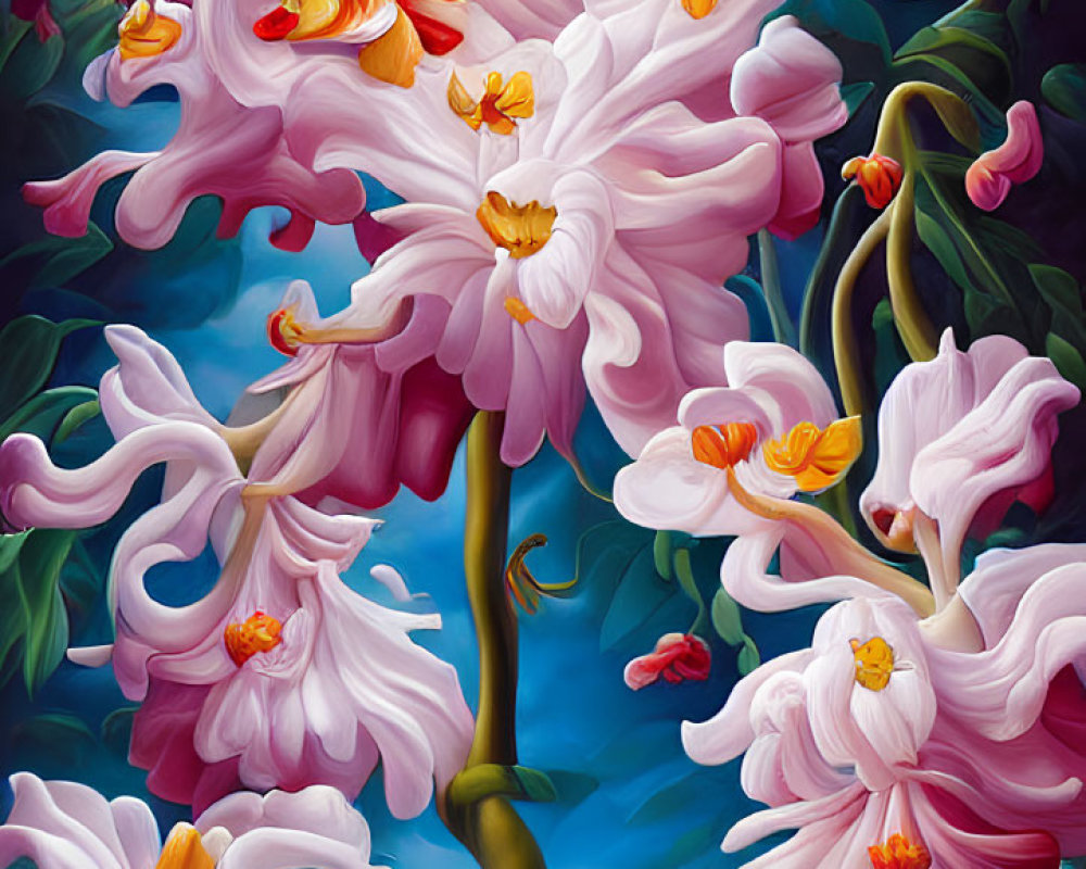 Detailed Pink Orchids Painting on Dark Background