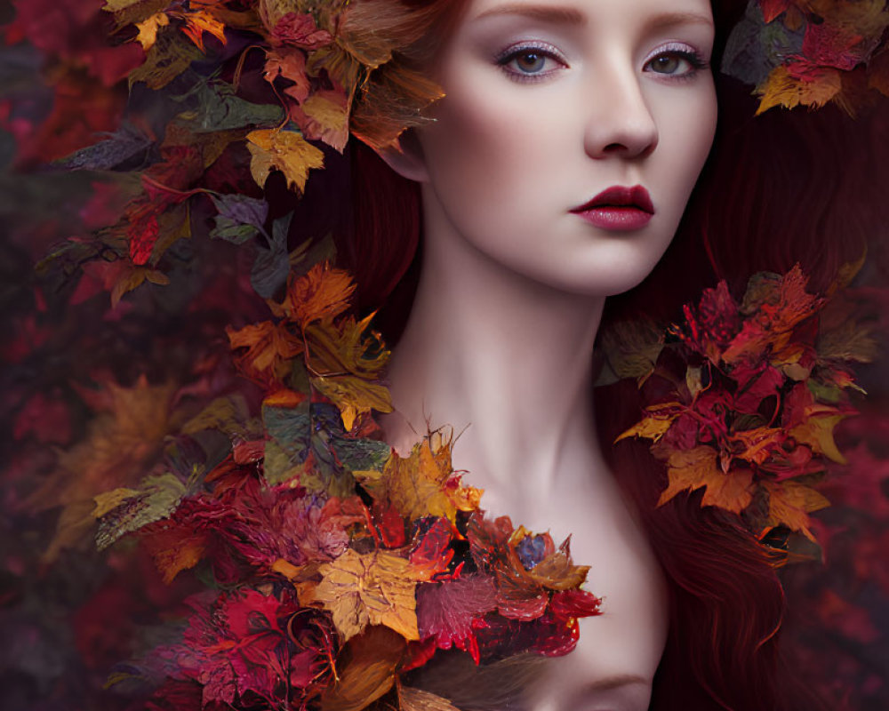 Pair with Red Hair Surrounded by Autumn Leaves