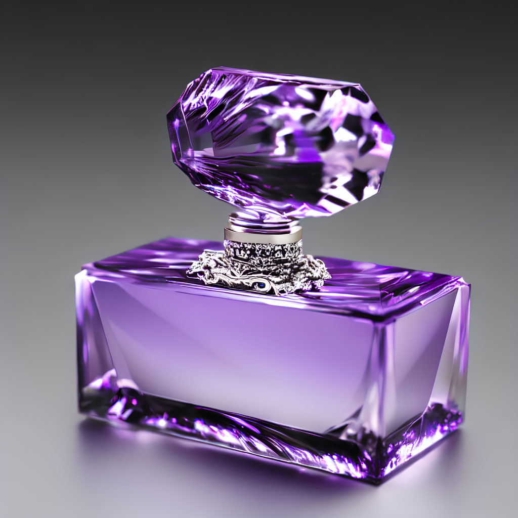 Purple Glass Perfume Bottle with Silver Cap and Detailed Accents