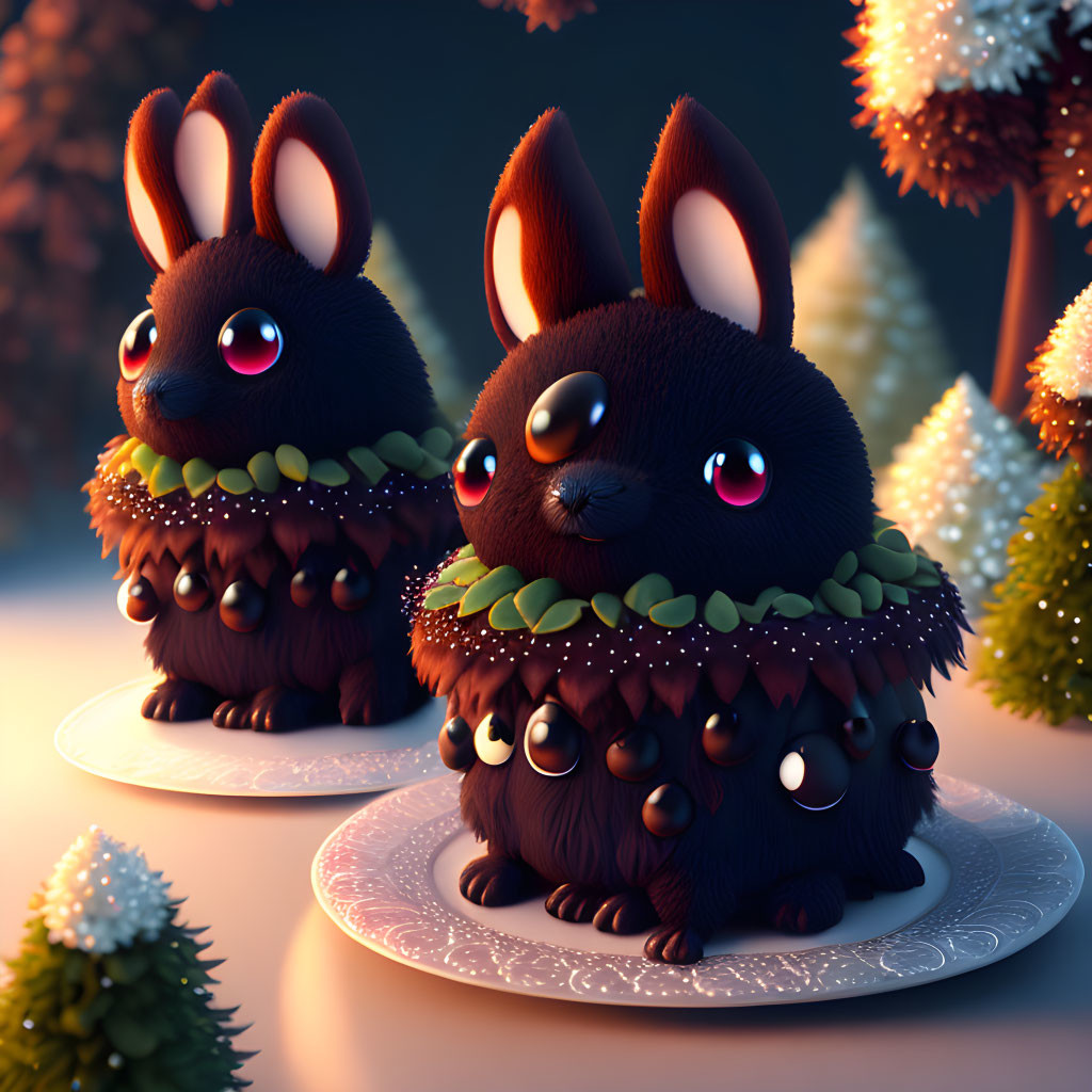 Stylized animated bunnies with pine cone-like fur on decorative plates in whimsical forest setting