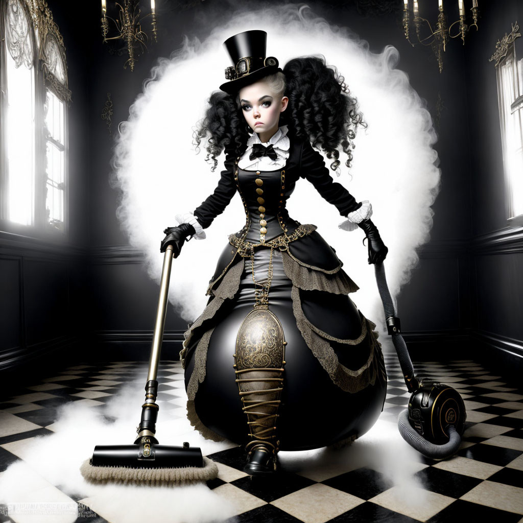 Victorian maid in top hat with broom and vacuum on metallic sphere