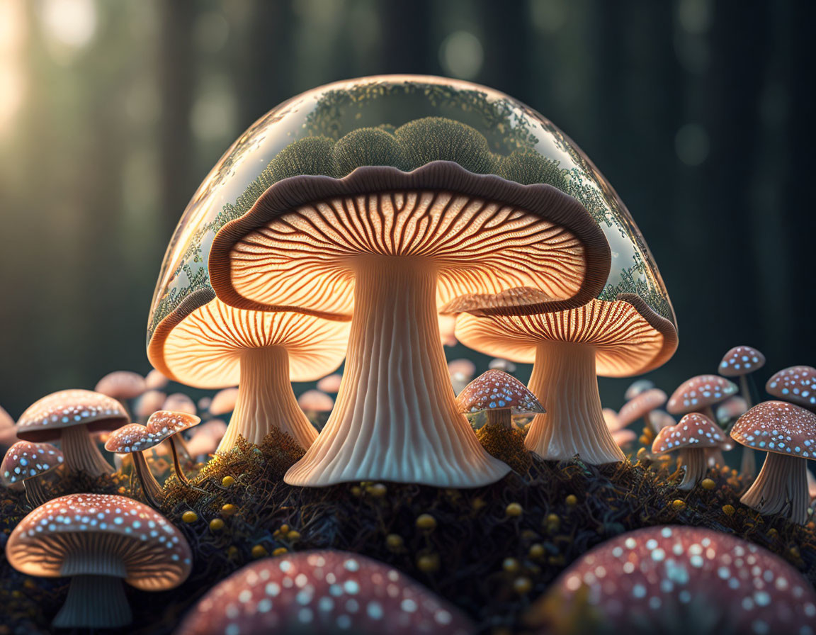 Giant Mushroom Surrounded by Smaller Mushrooms in Sunlit Forest