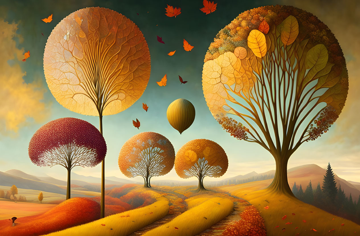 Whimsical autumn landscape with colorful trees and hot air balloon