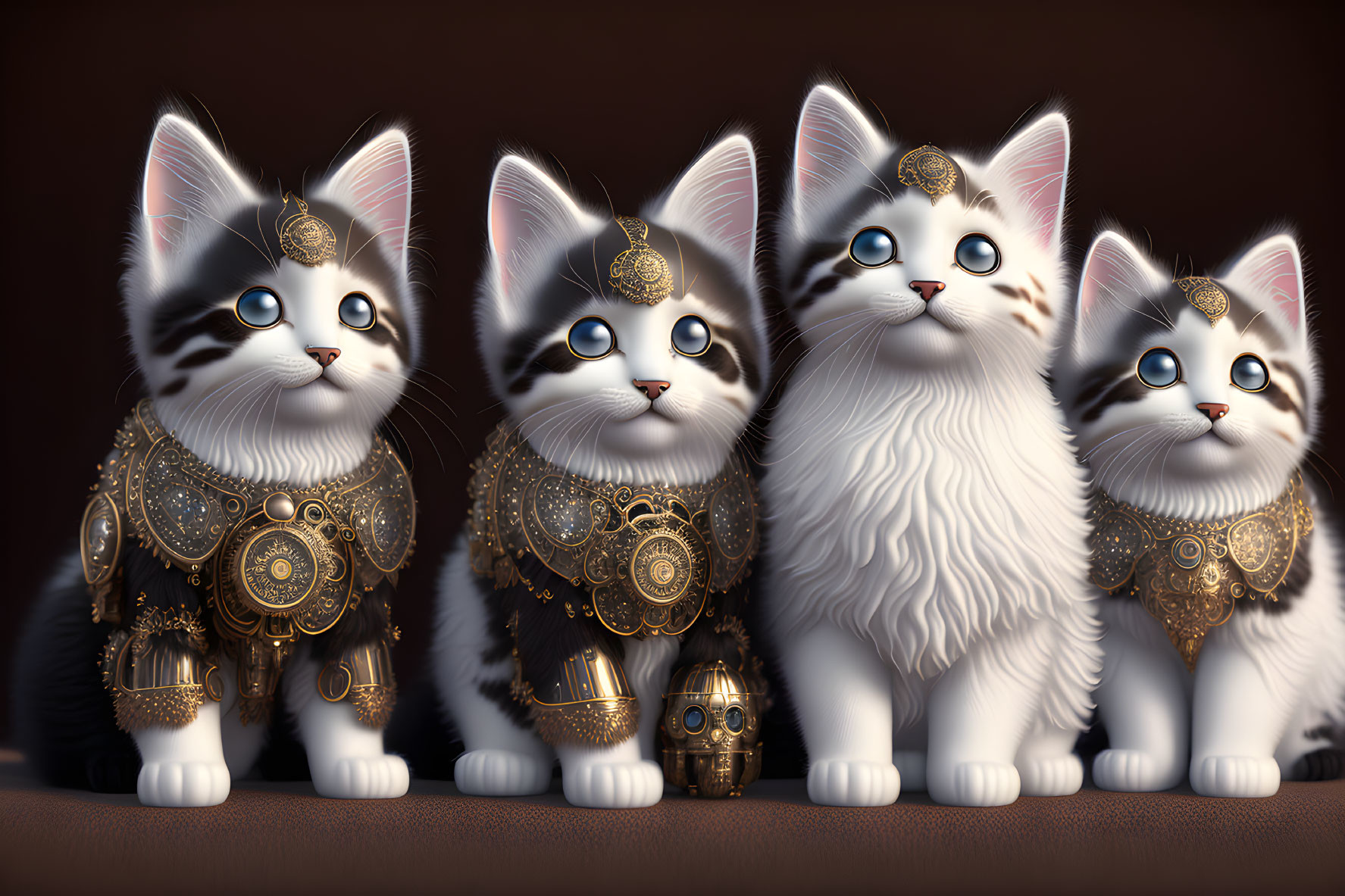 Four Fluffy Kittens with Golden Jewelry and Robotic Figure