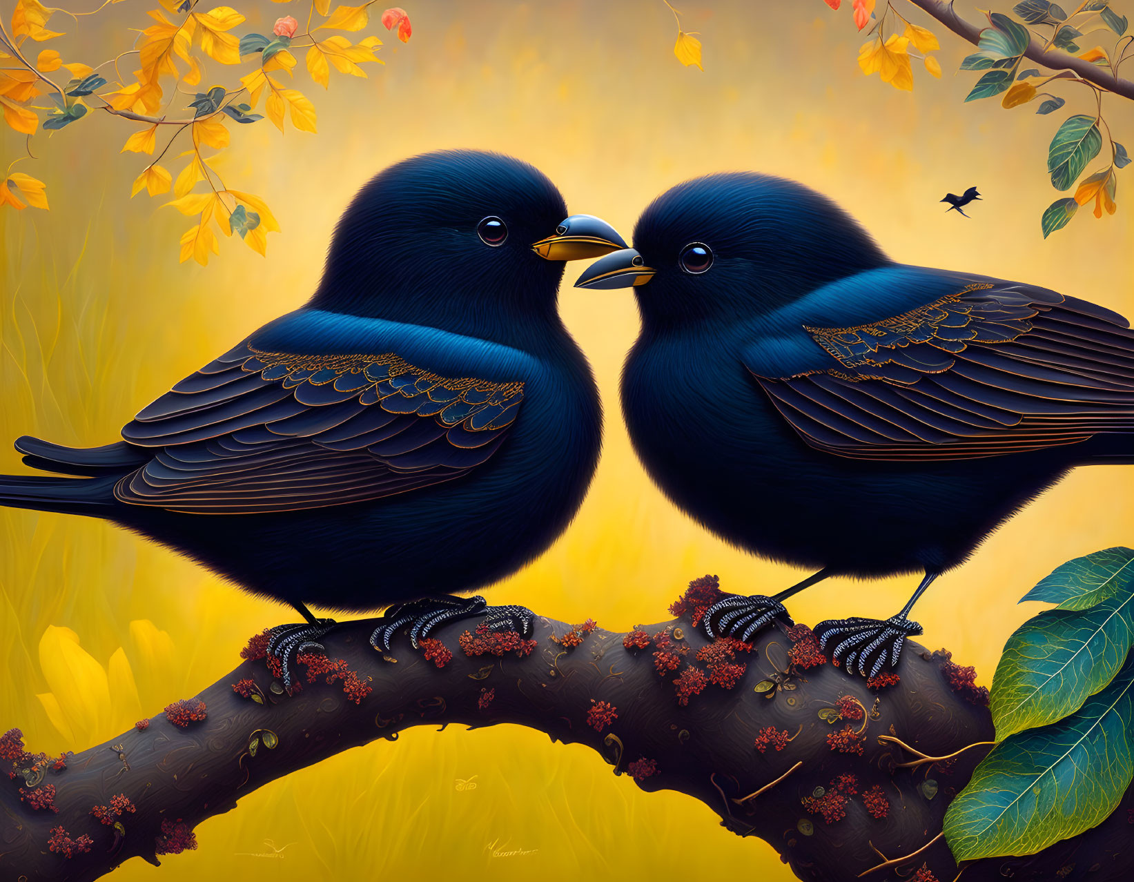 Stylized dark blue birds on branch with autumn leaves and red berries