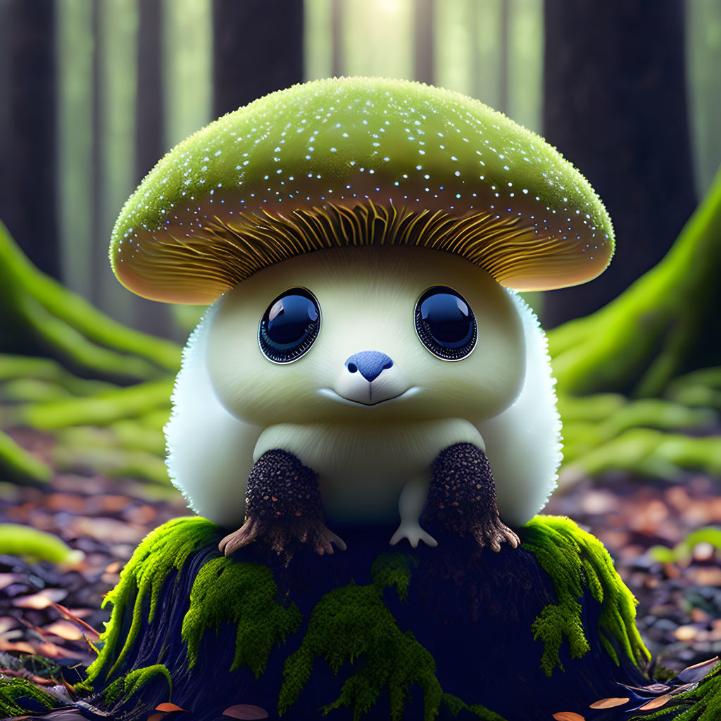Whimsical creature with mushroom cap head in forest setting