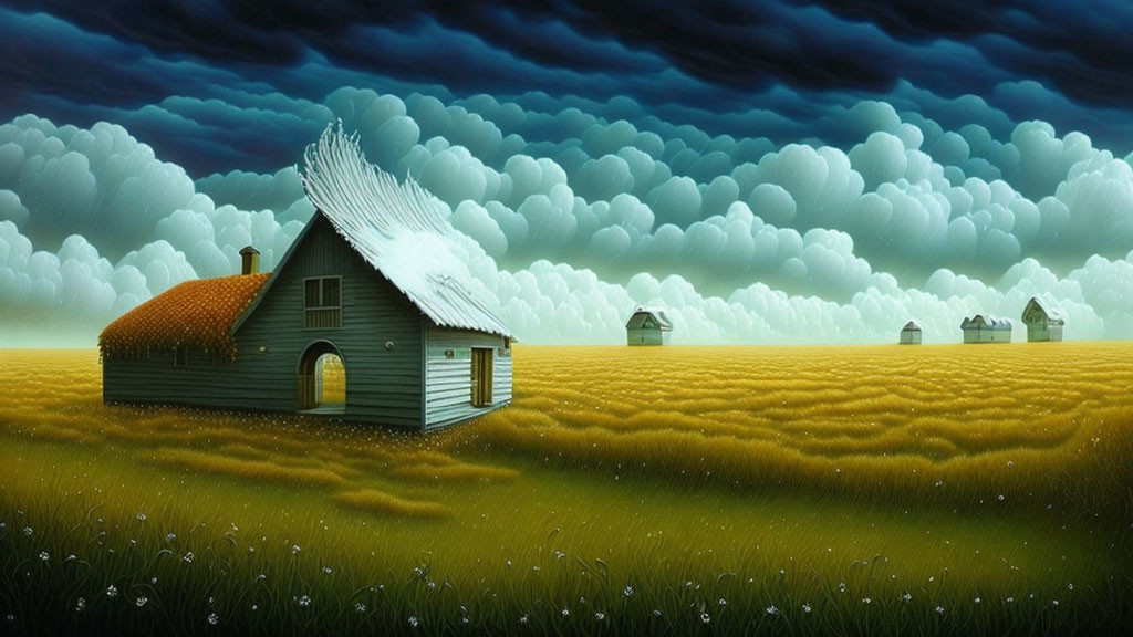 Tranquil landscape with wooden house in golden field under dramatic sky