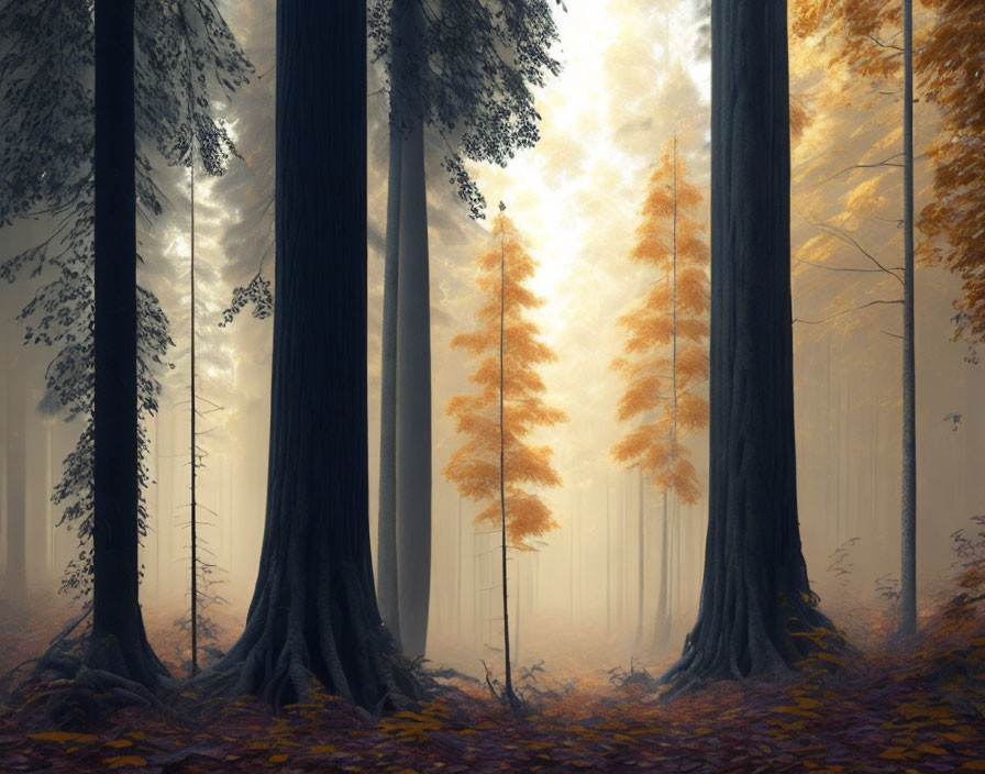 Mystical forest with towering trees and autumn foliage.