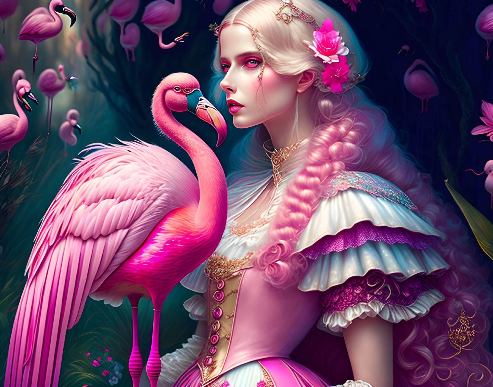 Pale-skinned woman with pink hair and roses next to pink flamingo in vibrant, fantastical flora