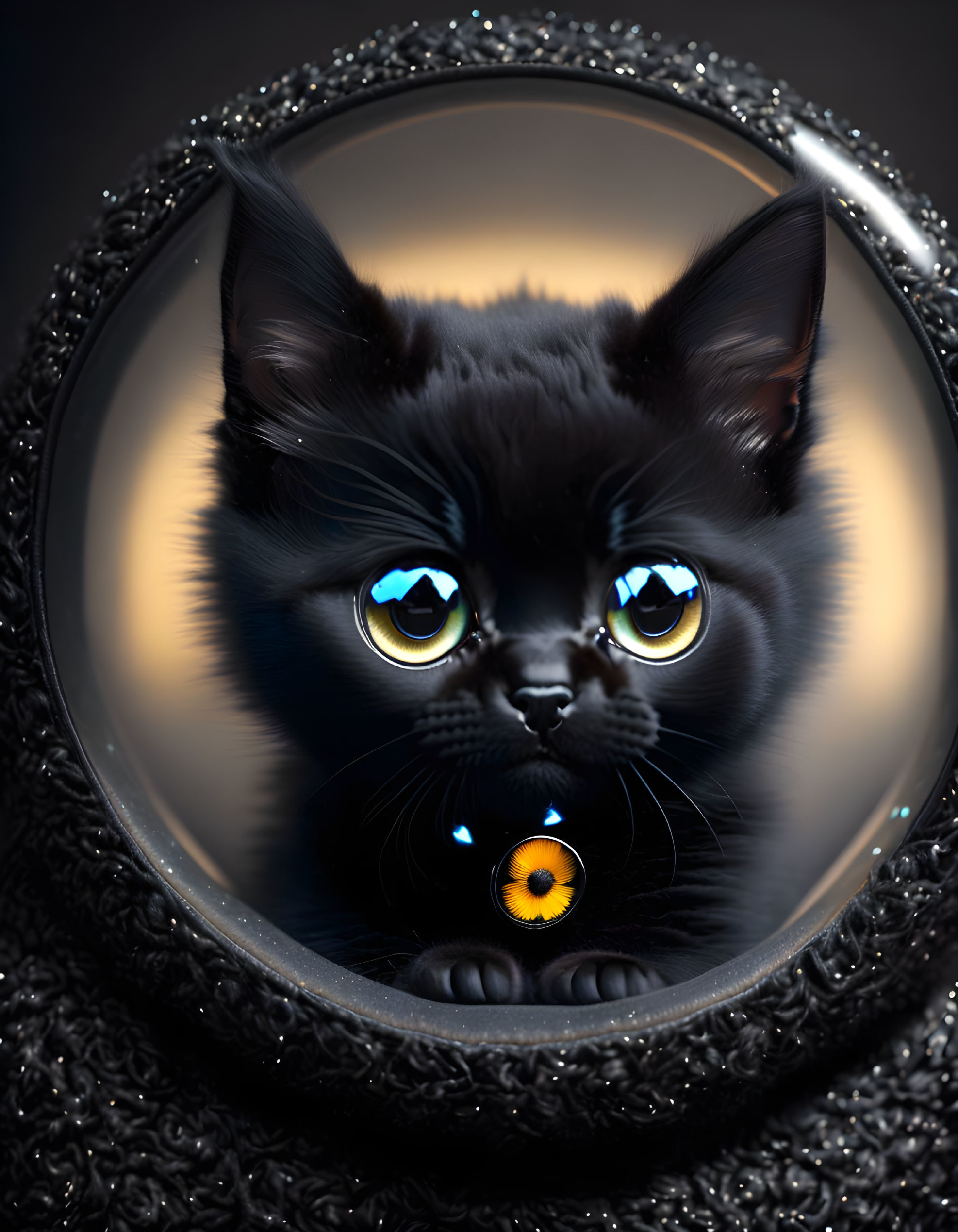 Digital Artwork: Black Cat with Blue Eyes in Glass Bubble on Dusk Background