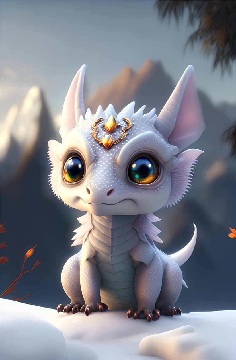 Stylized animated white dragon with golden jewelry on snowy rock