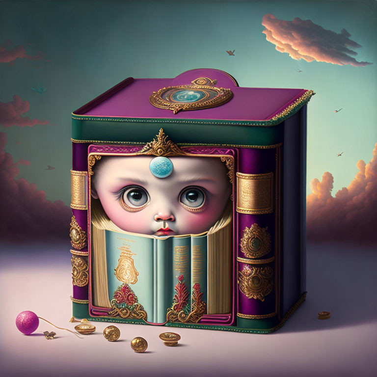 Surreal baby face box with coins and ball on twilight sky backdrop