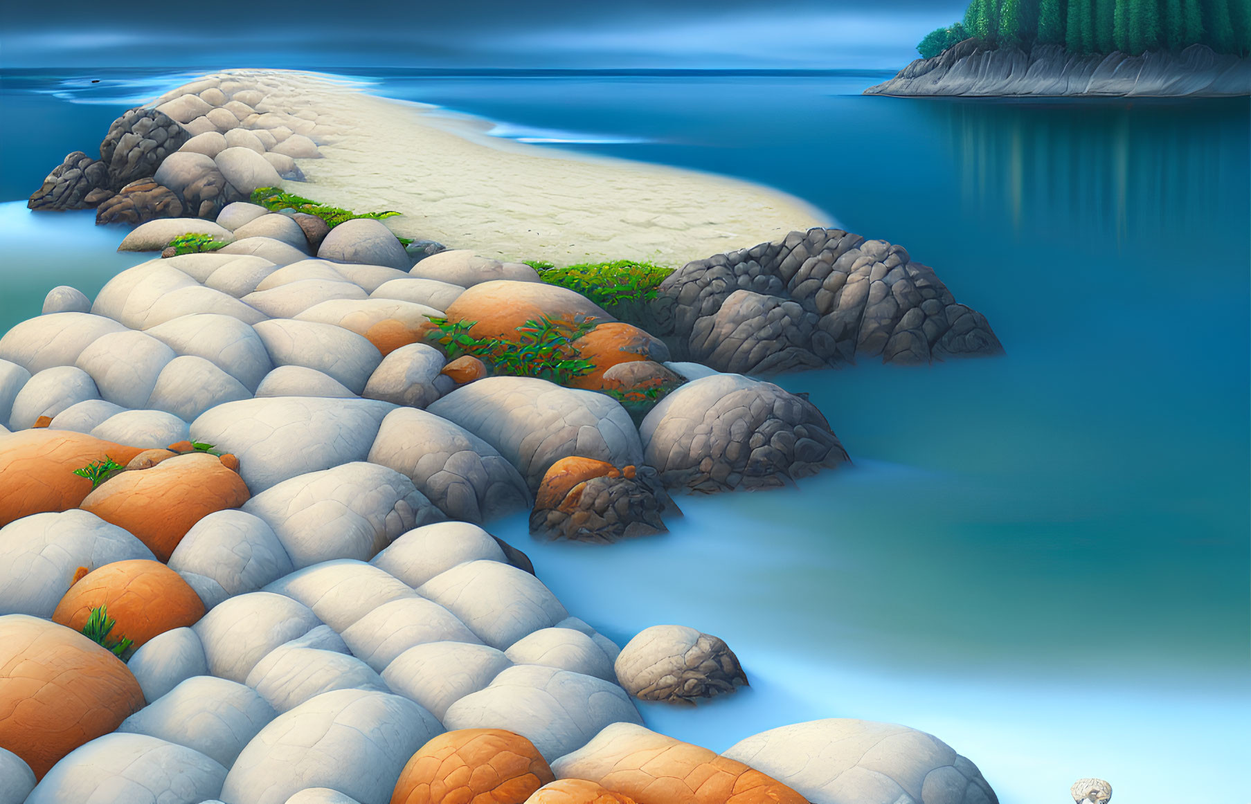 Realistic beach scene with colorful stones, greenery, and tranquil waters