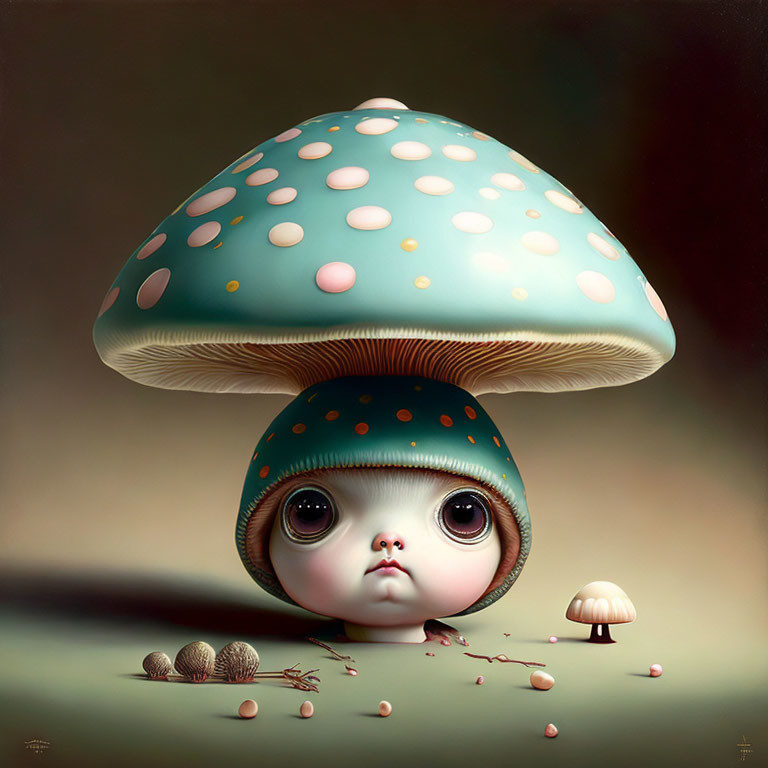 Illustration of whimsical creature with large eyes and mushroom cap, surrounded by mushrooms and seed pods.