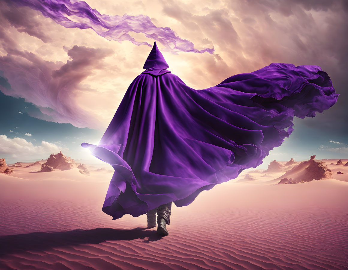 Cloaked figure in desert with red sand under pink sky.